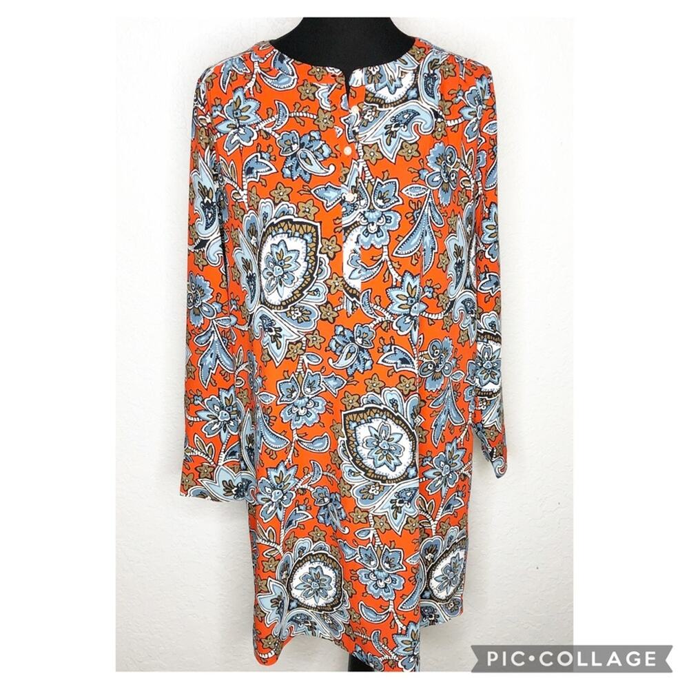 LOFT orange blue brown white floral popover shift dress size Medium